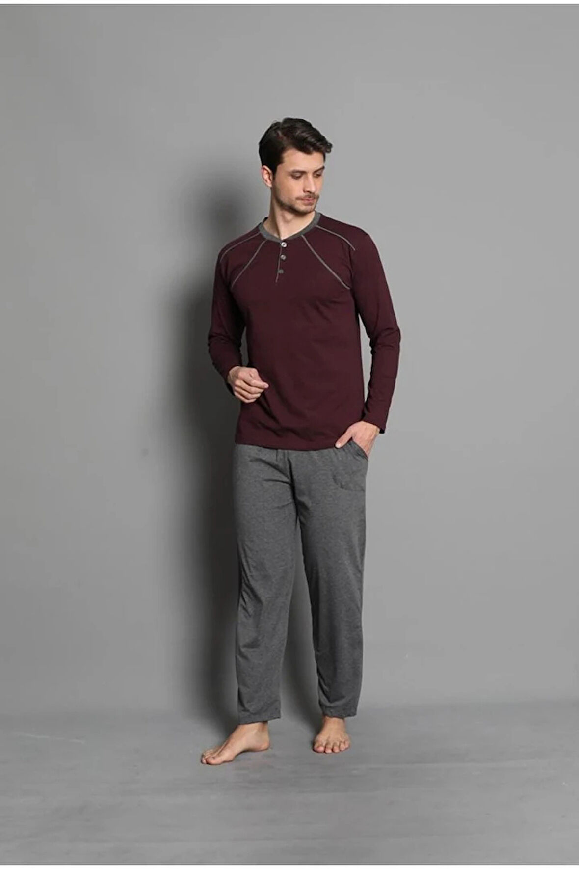 IŞILAY Bordo-Füme Önden 3 Düğmeli Yazlık Uzun Kollu Erkek Pijama Takımı 16650-B