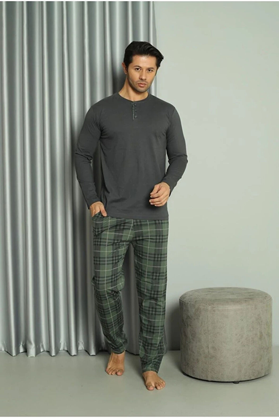 IŞILAY Füme-Yeşil Önden 3 Düğmeli Ekose Pijamalı Yazlık Uzun Kollu Erkek Pijama Takımı 16586-F