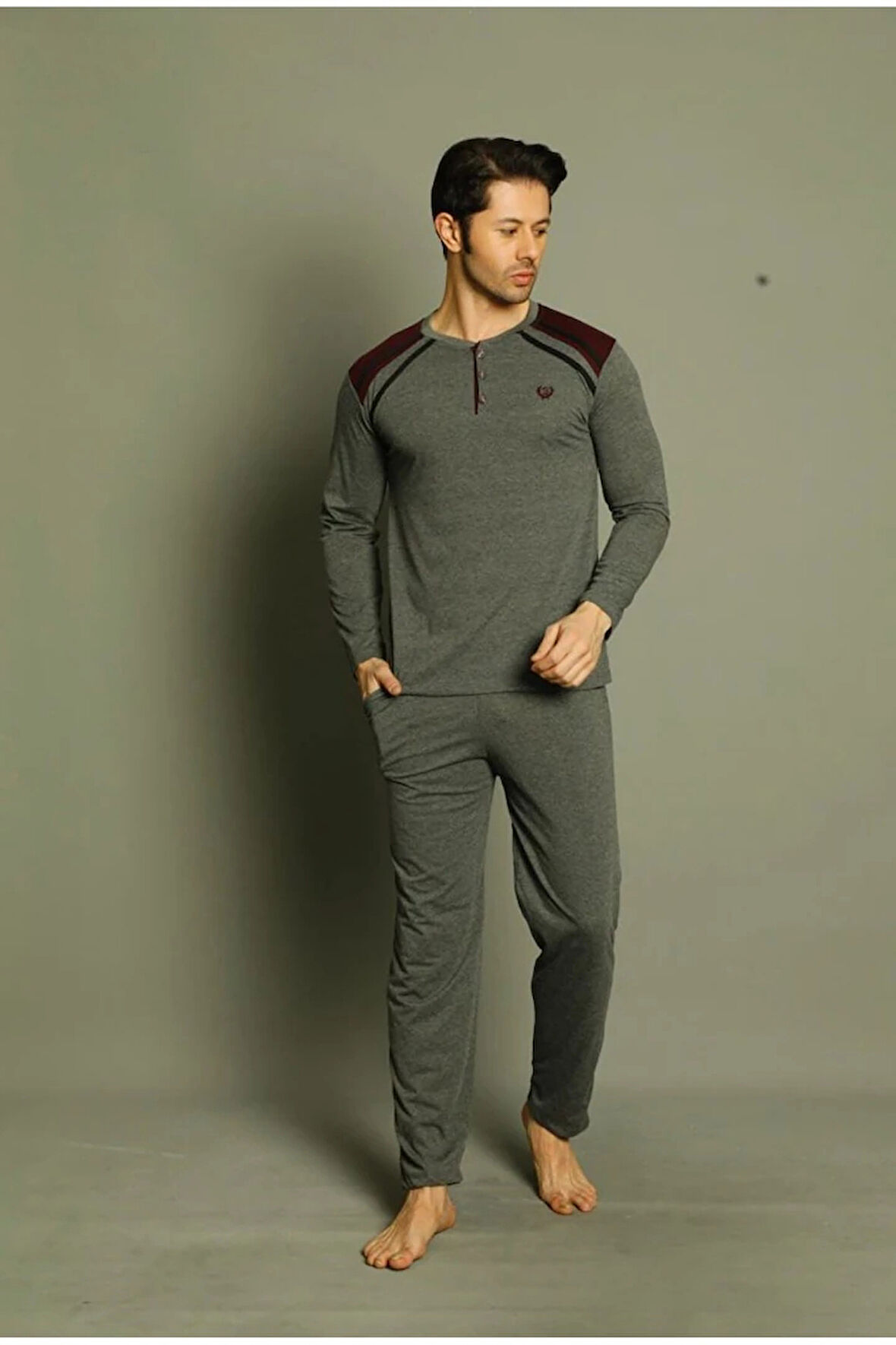 IŞILAY Füme Bordo Çizgili Önden 3 Düğmeli Ekose Pijamalı Yazlık Uzun Kollu Erkek Pijama Takımı 16640-F