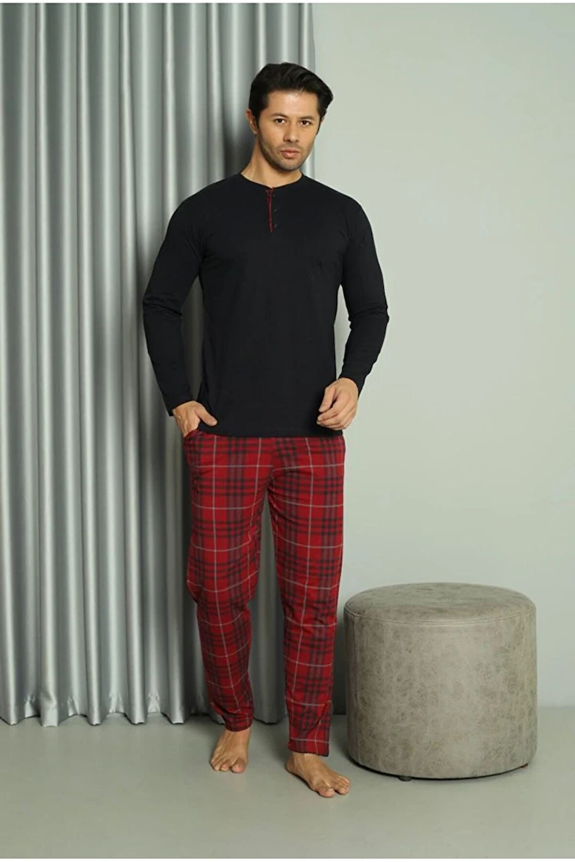 IŞILAY Lacivert-Bordo Önden 3 Düğmeli Ekose Pijamalı Yazlık Uzun Kollu Erkek Pijama Takımı 16586-L