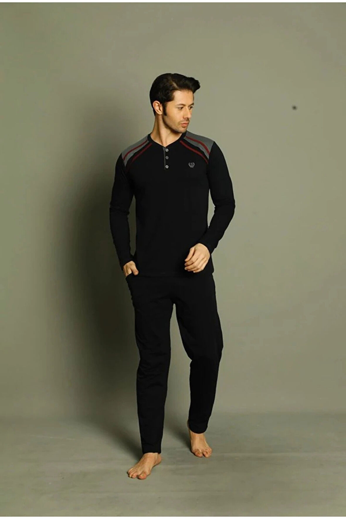 IŞILAY Lacivert Bordo Çizgili Önden 3 Düğmeli Ekose Pijamalı Yazlık Uzun Kollu Erkek Pijama Takımı 16640-LB