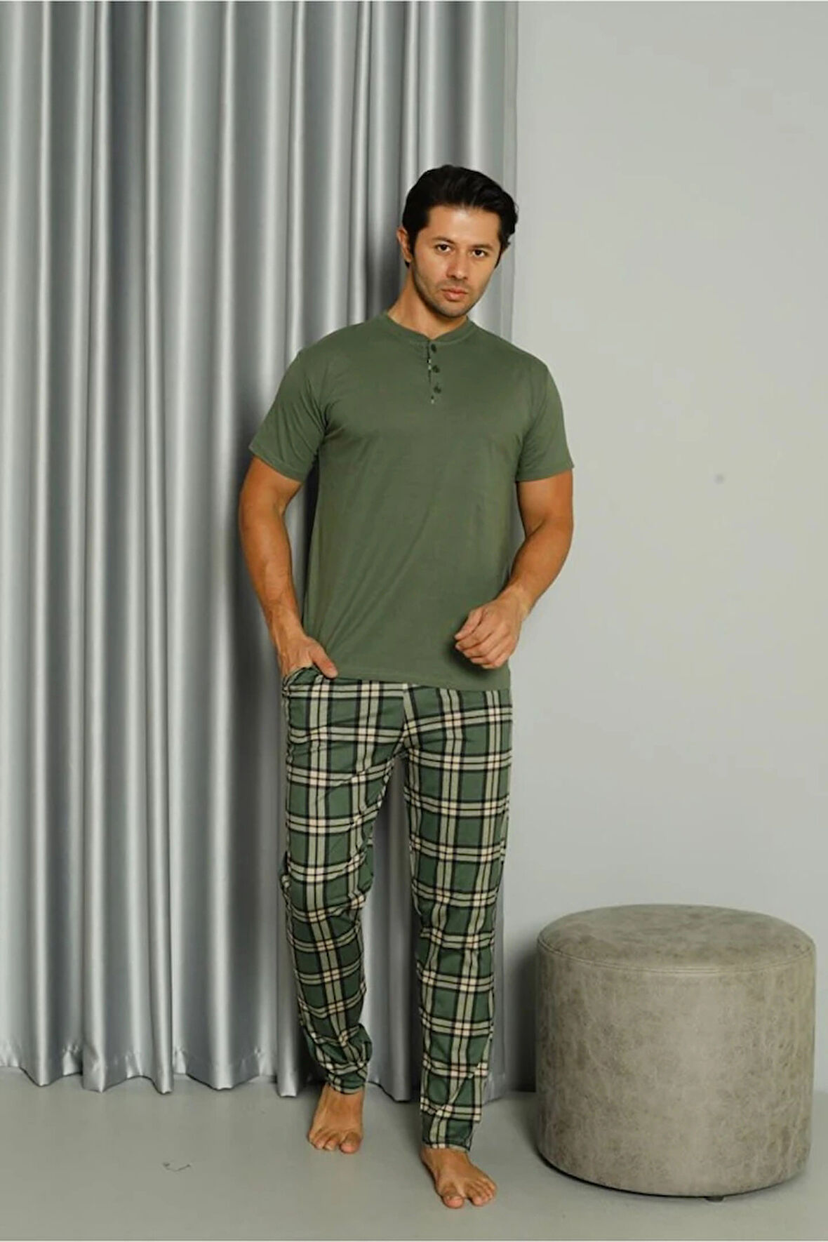IŞILAY Yeşil Önden 3 Düğmeli Ekose Pijamalı Kısa Kollu Erkek Pijama Takımı 19041-Y