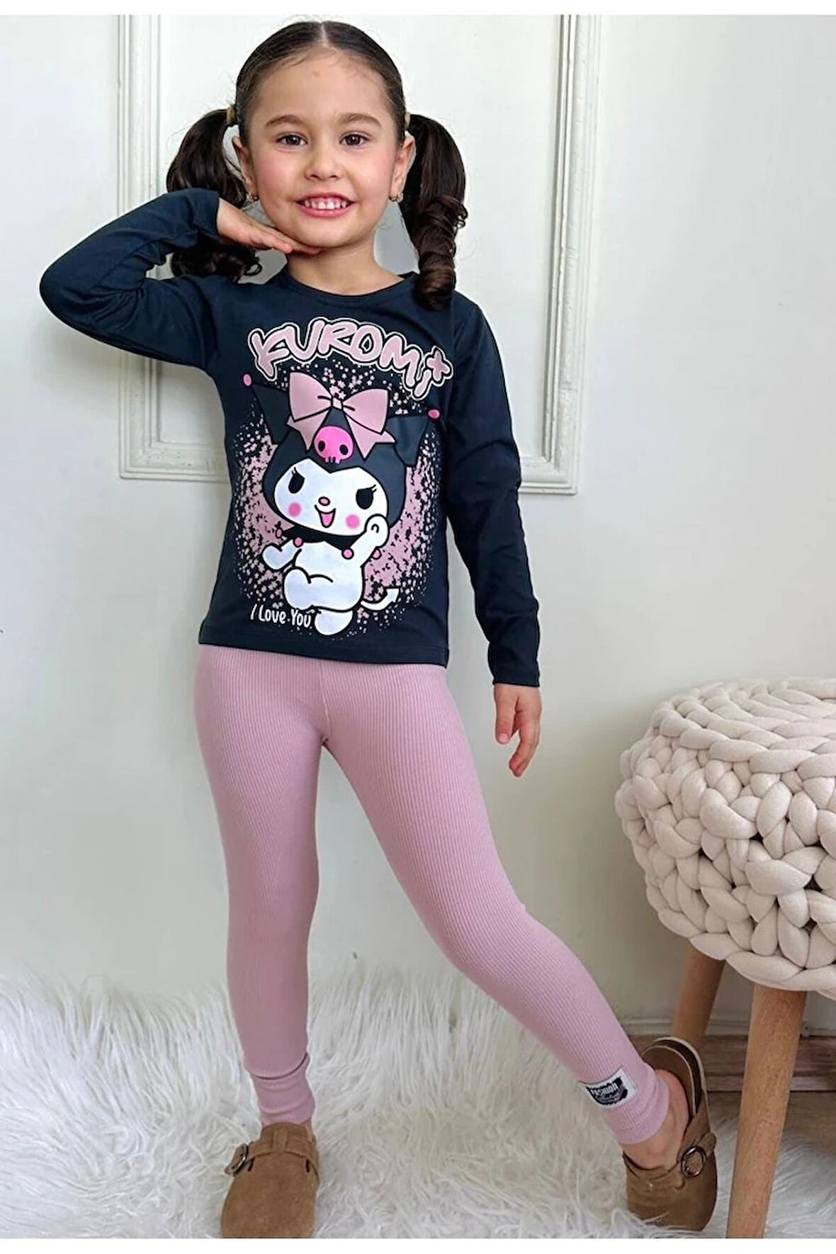 PJKT Kuromi Desenli Siyah Gül Kurusu Penyeli Taytlı Kız Çocuk Takımı 3-10 Yaş 7498-GK