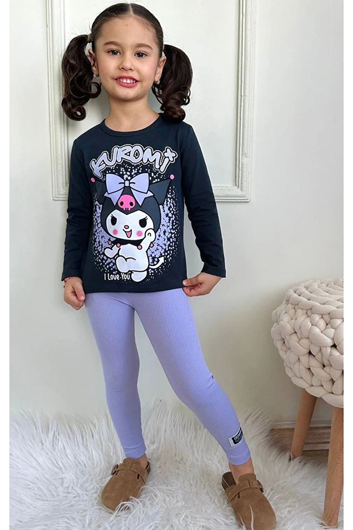 PJKT Kuromi Desenli Siyah Lila Penyeli Taytlı Kız Çocuk Takımı 3-10 Yaş 7498-L