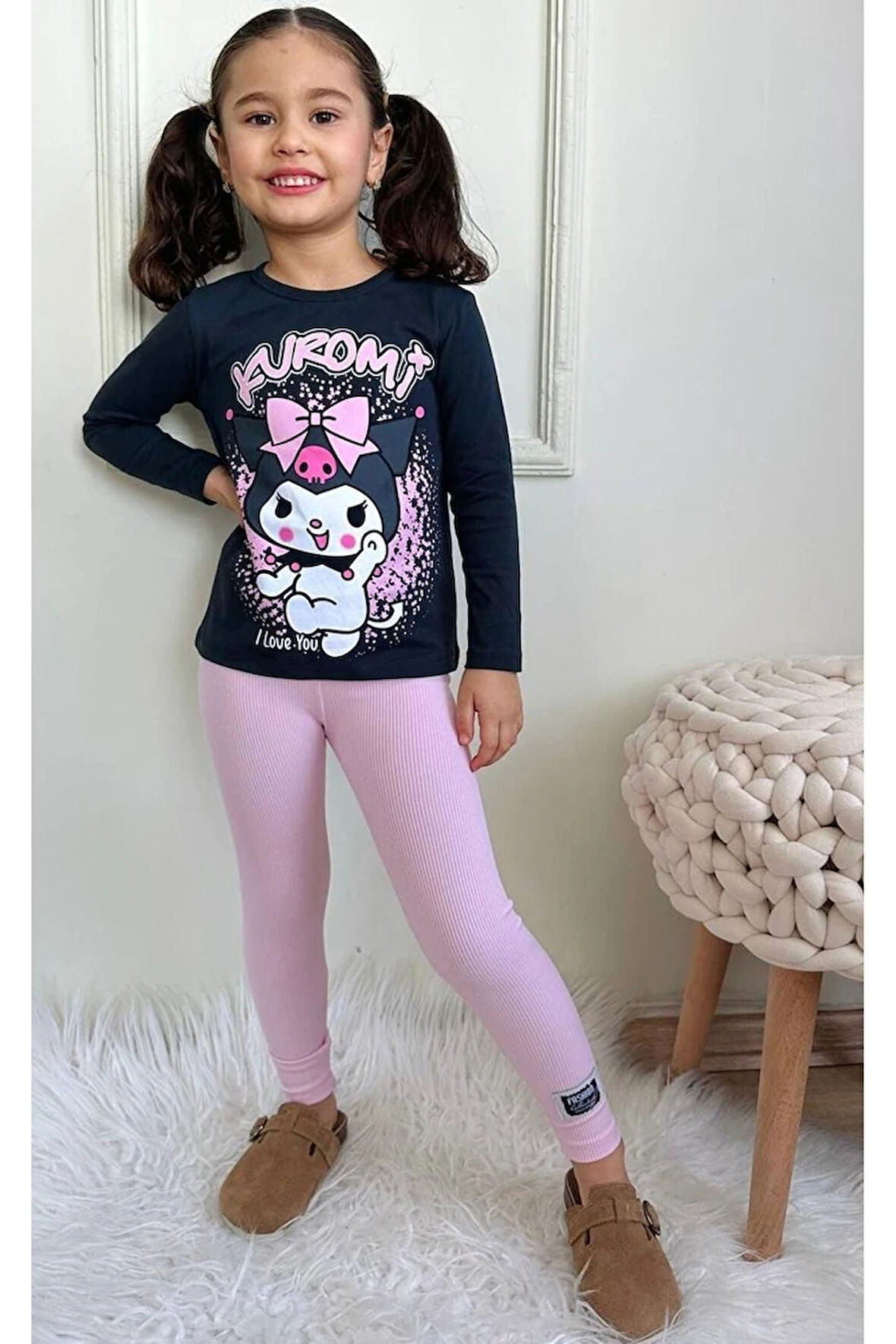 PJKT Kuromi Desenli Siyah Pembe Penyeli Taytlı Kız Çocuk Takımı 3-10 Yaş 7498-P