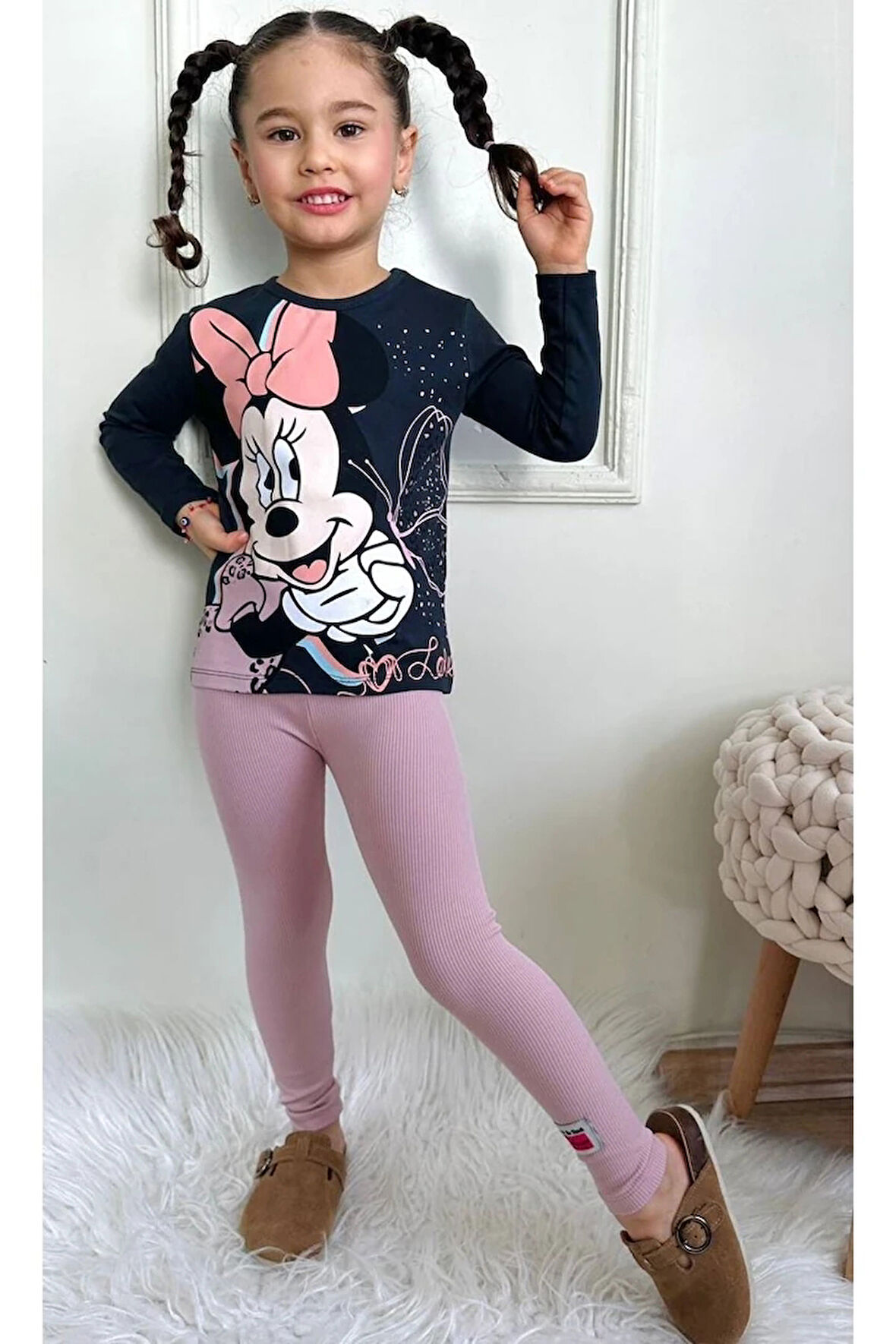 PJKT Minnie Mause Desenli Siyah Gül Kurusu Penyeli Taytlı Kız Çocuk Takımı 3-10 Yaş 7499-GK