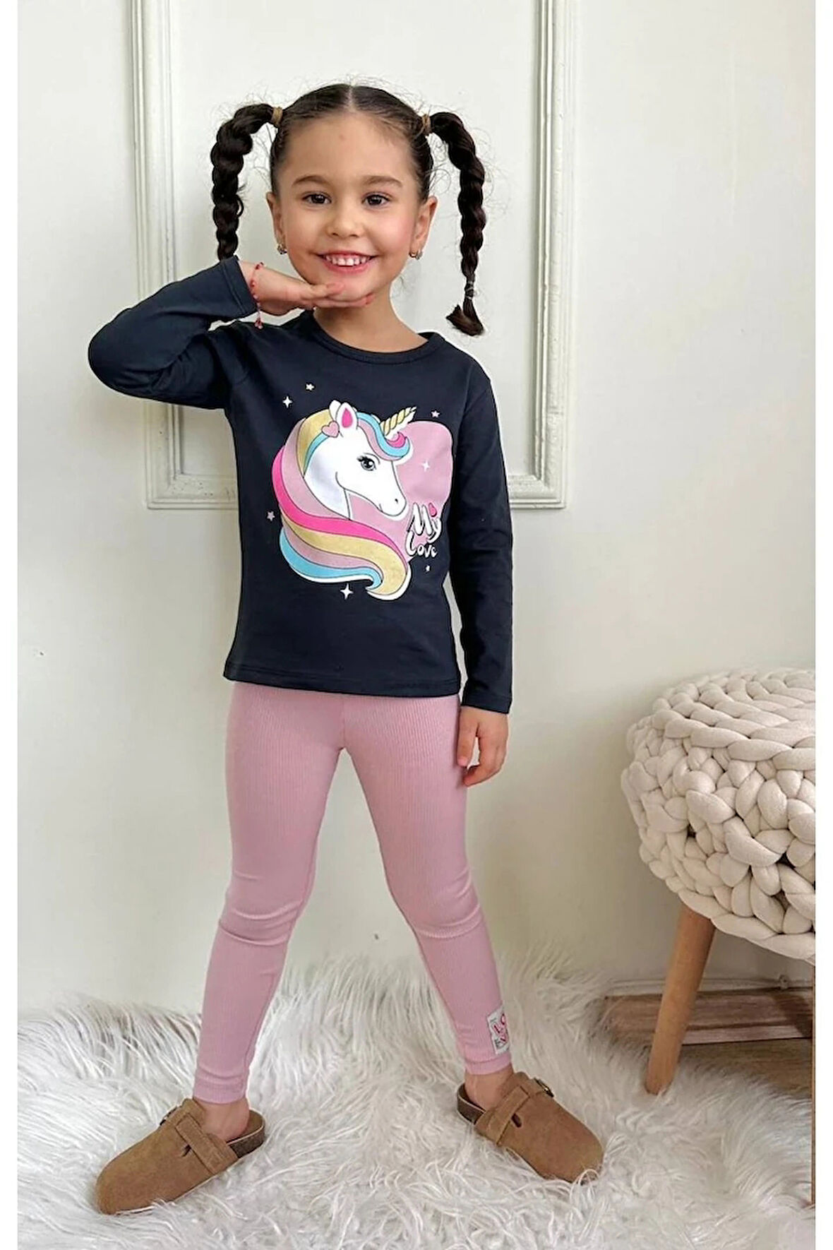 PJKT Unicorn Desenli Siyah Gül Kurusu Penyeli Taytlı Kız Çocuk Takımı 3-10 Yaş 7502-GK