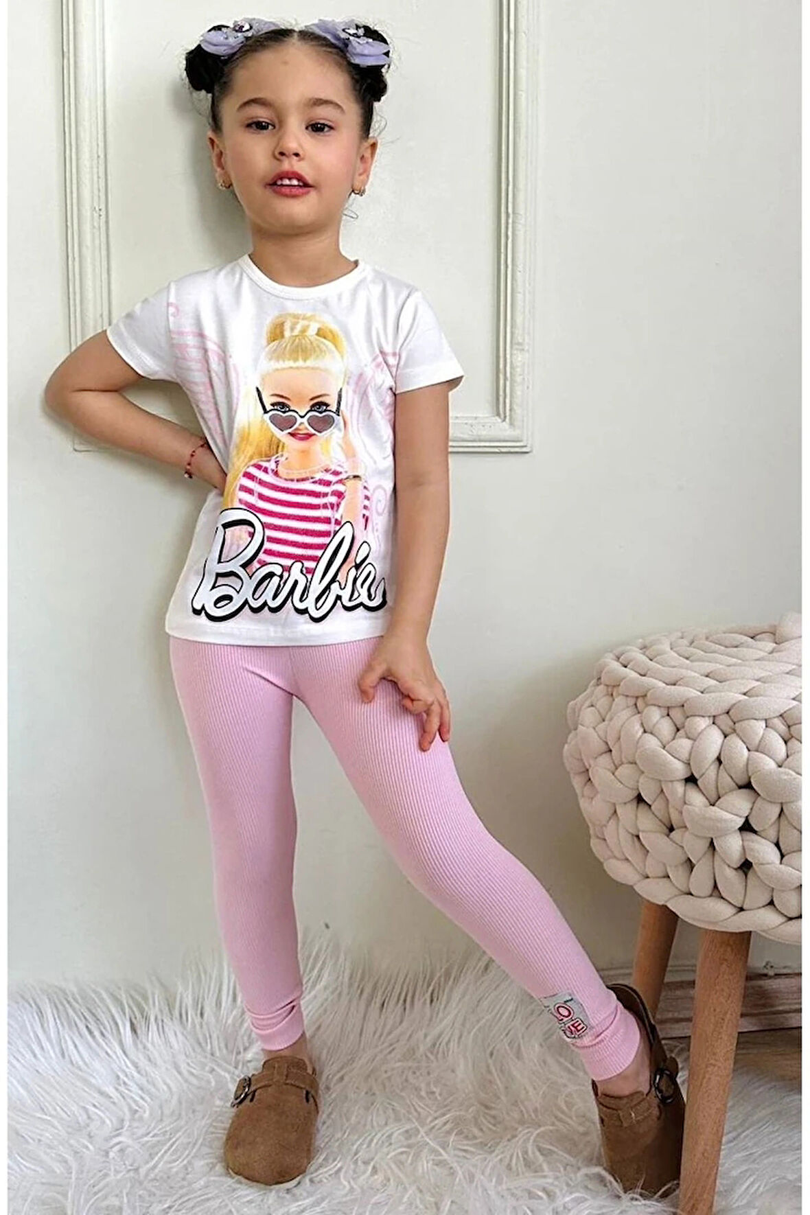 PJKT Barbie Desenli Pembe Penyeli Taytlı Kız Çocuk Takımı 3-10 Yaş 7504-P
