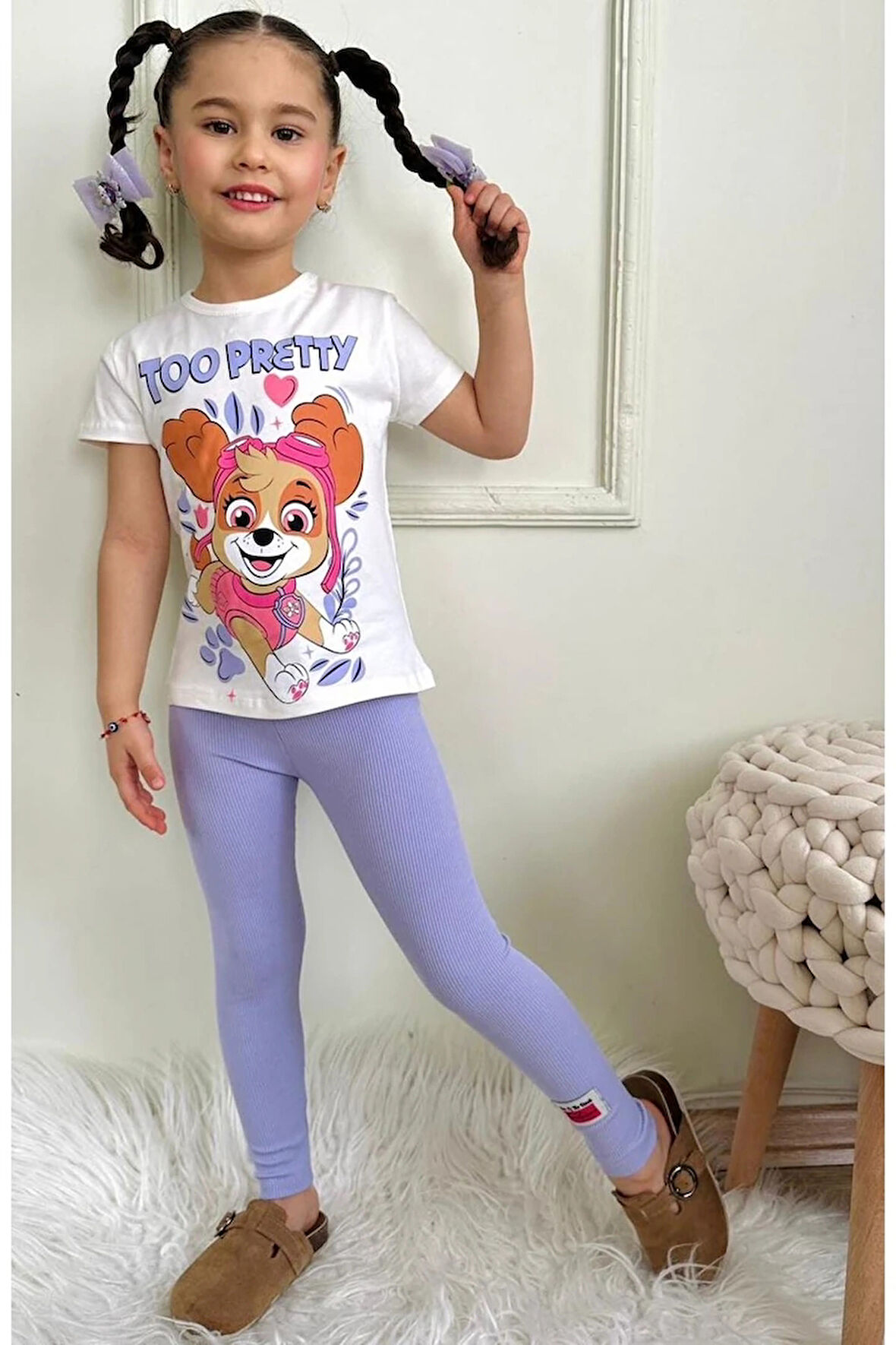 PJKT Paw petrol Desenli Lila Penyeli Taytlı Kız Çocuk Takımı 3-10 Yaş 7505-L