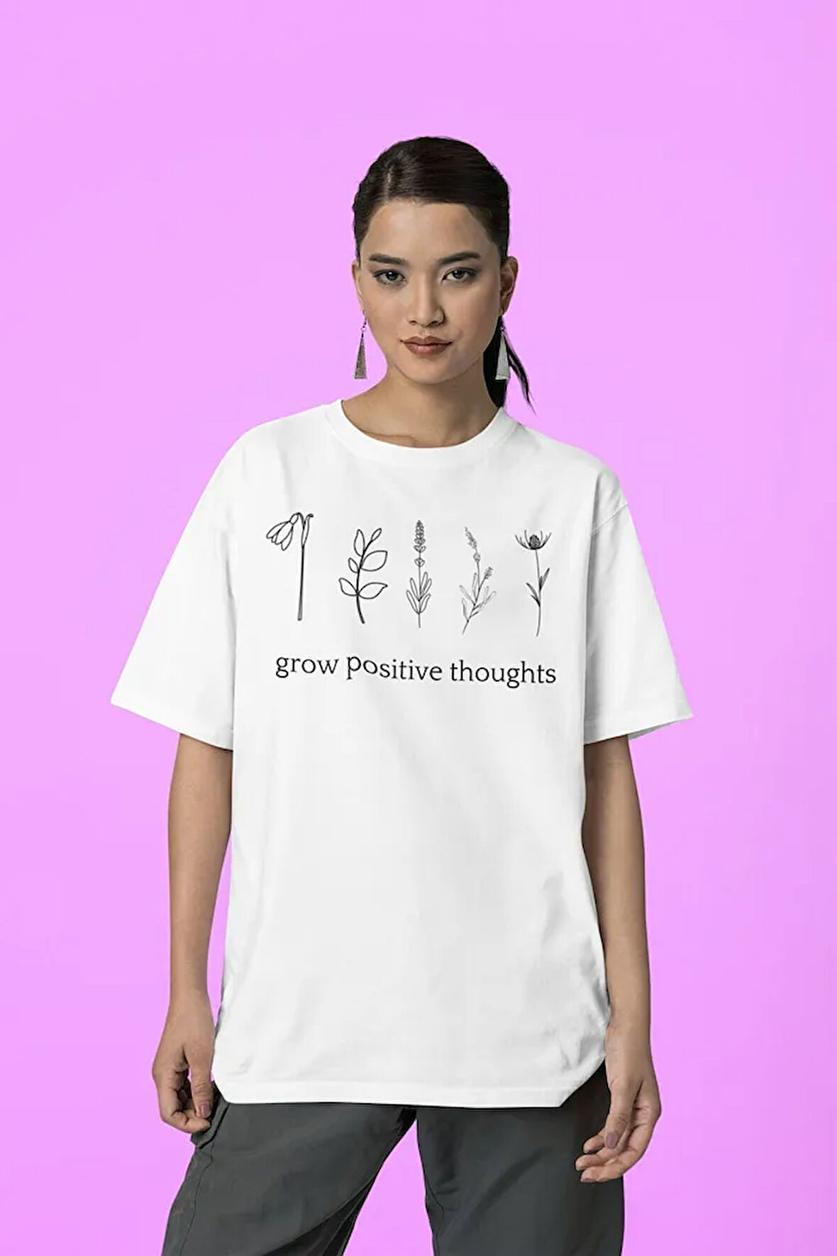 Grow Positive Thoughts Evrim Baskılı Unisex Oversize Tişört