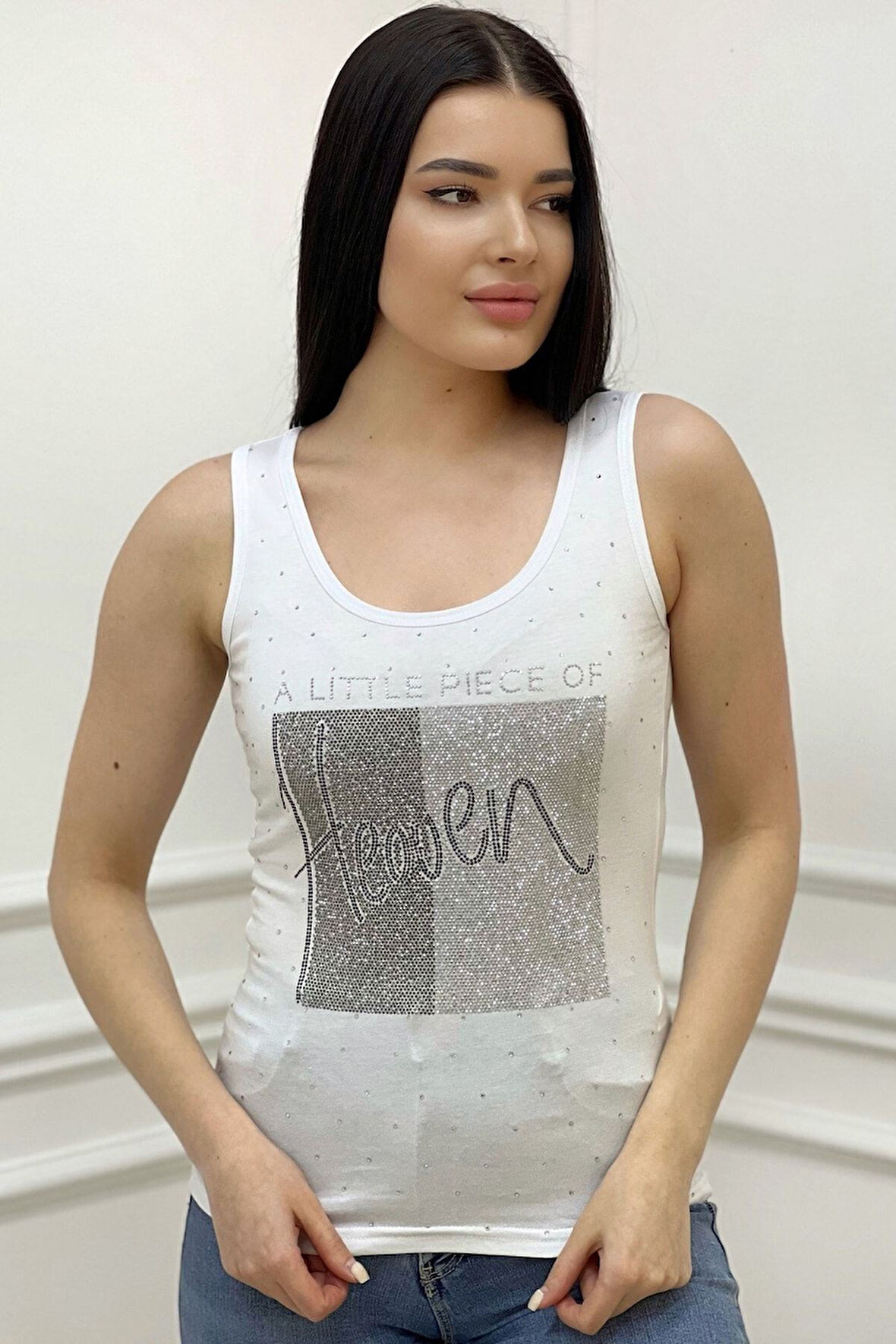 Heaven Crystal Taş Baskılı Dar Kesim / Slim Fit Pamuk Kadın Şık Atlet Kalın Askılı Kolsuz T-shirt