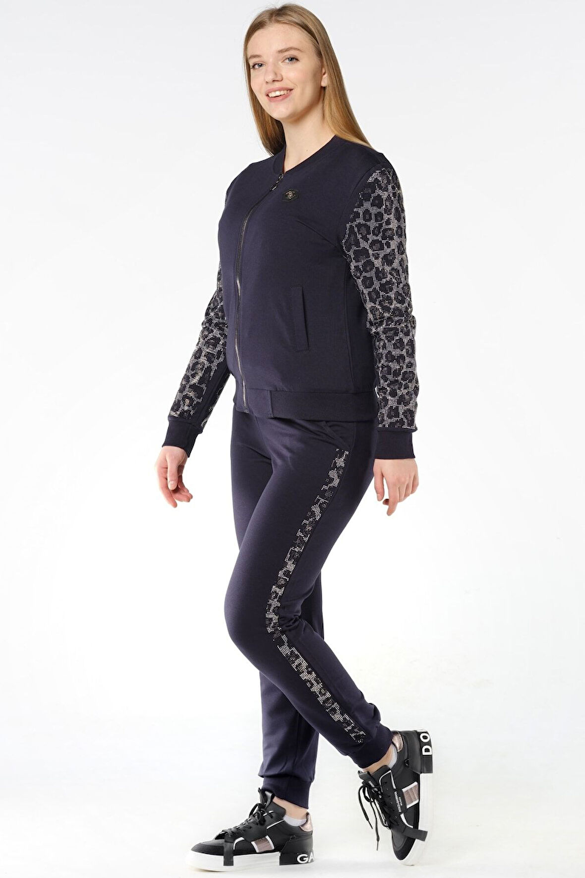 Leopar Crystal Taşlı Büyük Beden Iki Iplik Pamuk Lacivert Fermuarlı Kadın Eşofman Takımı