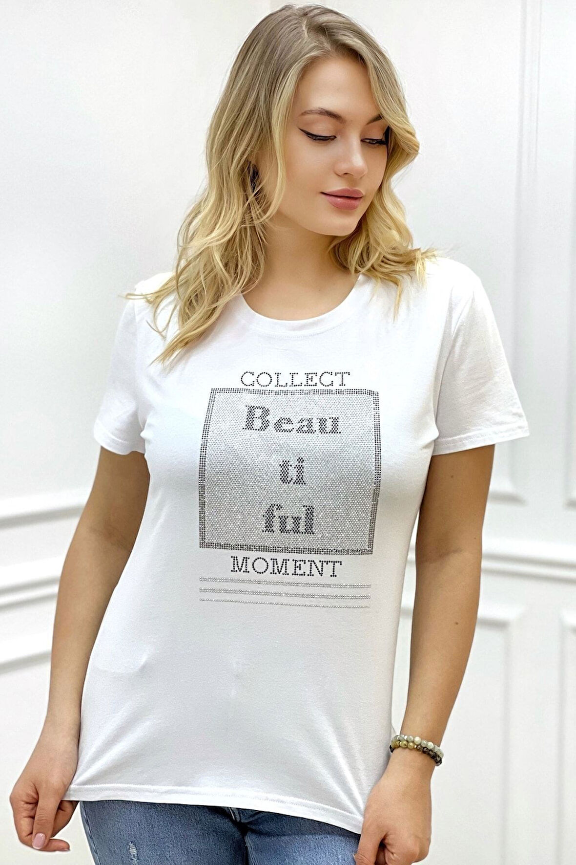 Büyük Beden Bisiklet Yaka Beautiful Yazılı Crystal Taşlı Siyah Şık Pamuklu Kısa Kol Kadın T-shirt