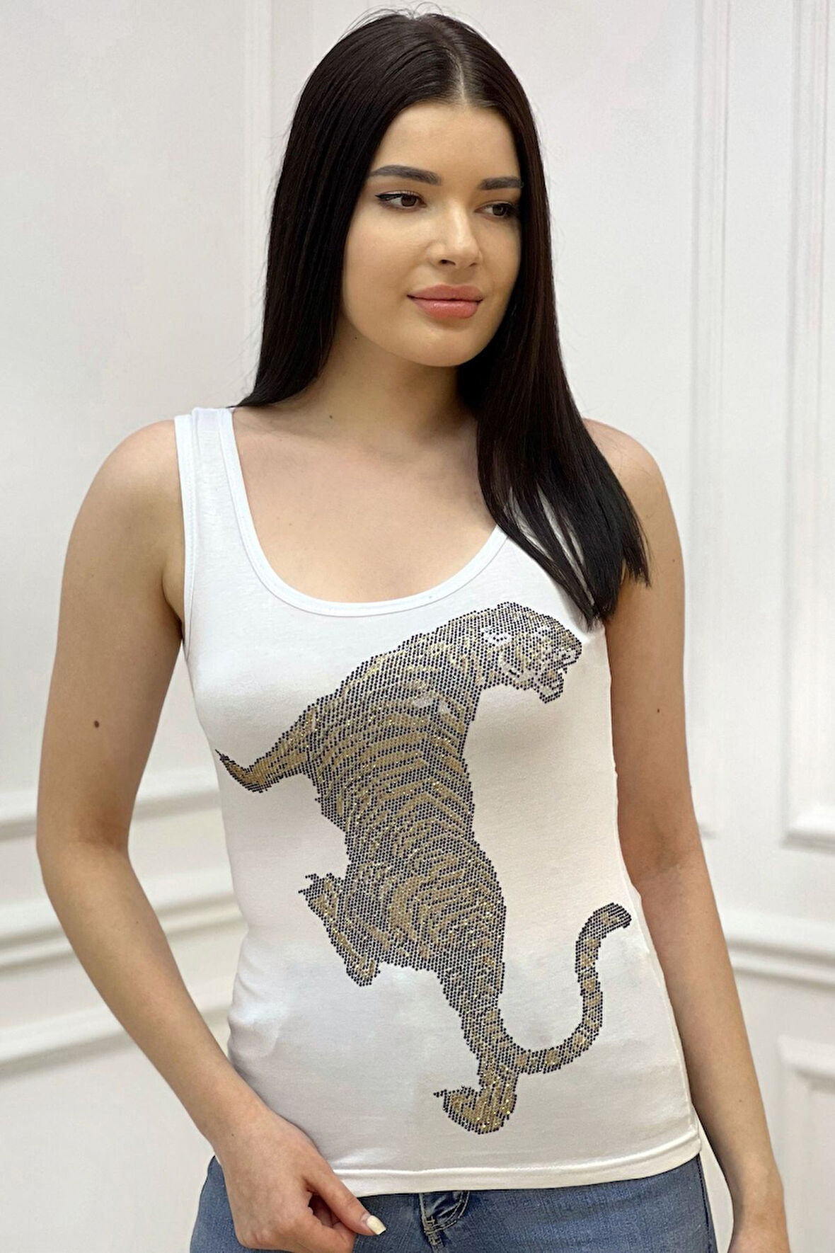 Leopar Crystal Taş Baskılı Dar Kesim / Slim Fit Pamuk Kadın Kolsuz Tshirt Kalın Askılı Atlet
