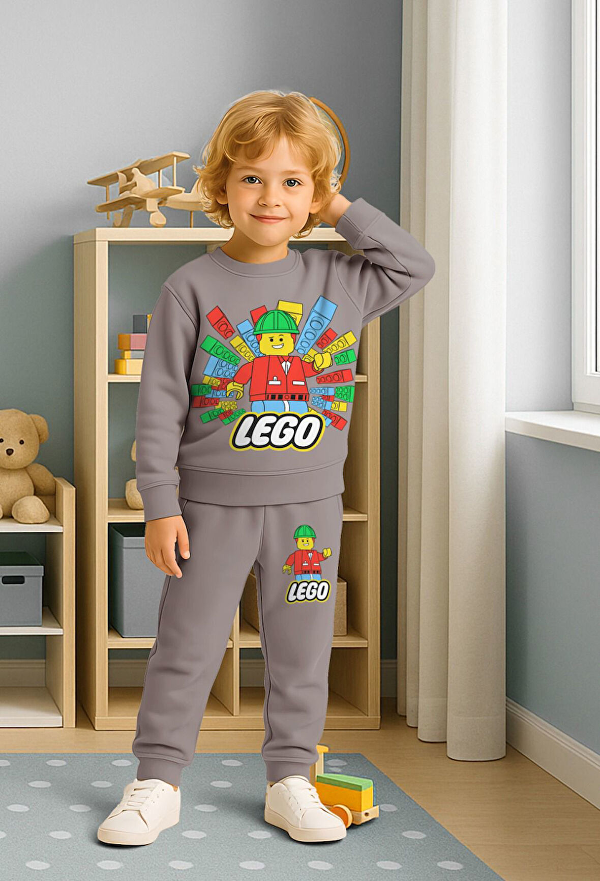 PJK2İ Leegoo Adam Desenli 2 İp %100 Pamuk Erkek Çocuk Eşofman Takımı 3-10 Yaş 8170