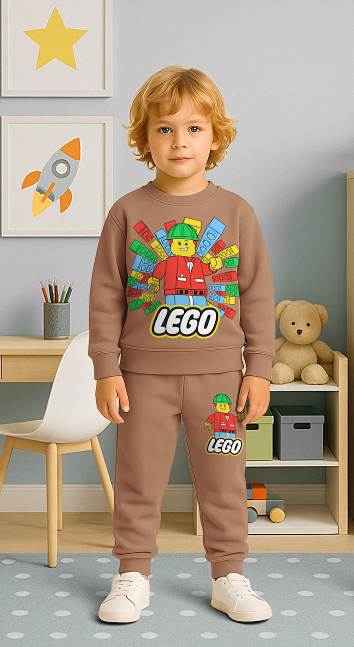 PJK2İ Leegoo Adam Desenli 2 İp %100 Pamuk Erkek Çocuk Eşofman Takımı 3-10 Yaş 8170