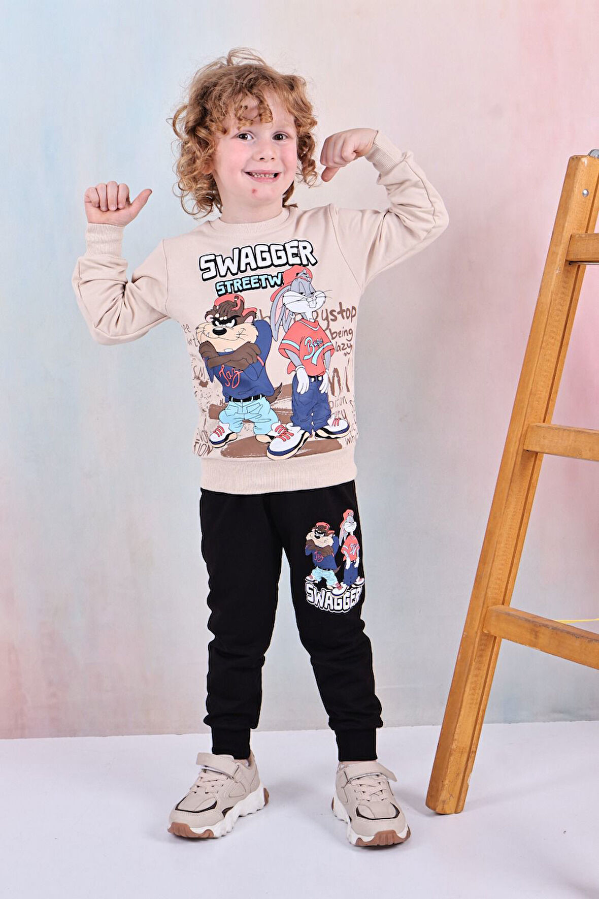 PJK2İ Tazmanya Canavarı Desenli 2 İp %100 Pamuk Erkek Çocuk Eşofman Takımı 3-10 Yaş 8184