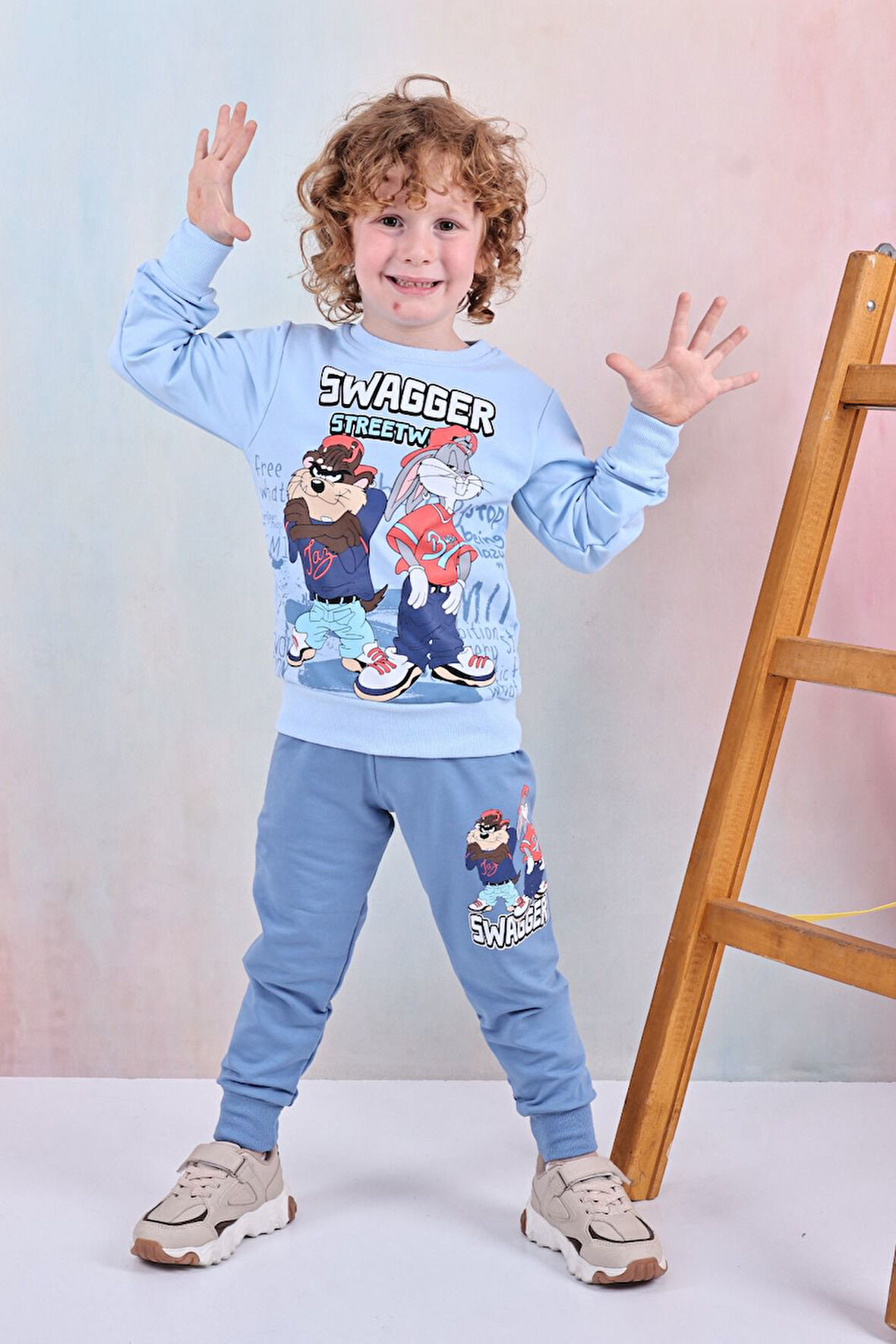 PJK2İ Tazmanya Canavarı Desenli 2 İp %100 Pamuk Erkek Çocuk Eşofman Takımı 3-10 Yaş 8184