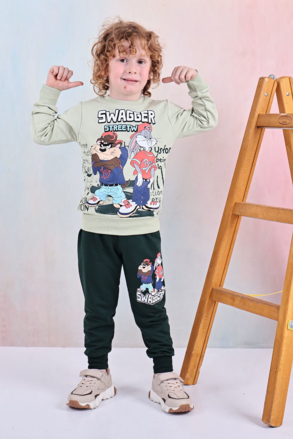 PJK2İ Tazmanya Canavarı Desenli 2 İp %100 Pamuk Erkek Çocuk Eşofman Takımı 3-10 Yaş 8184