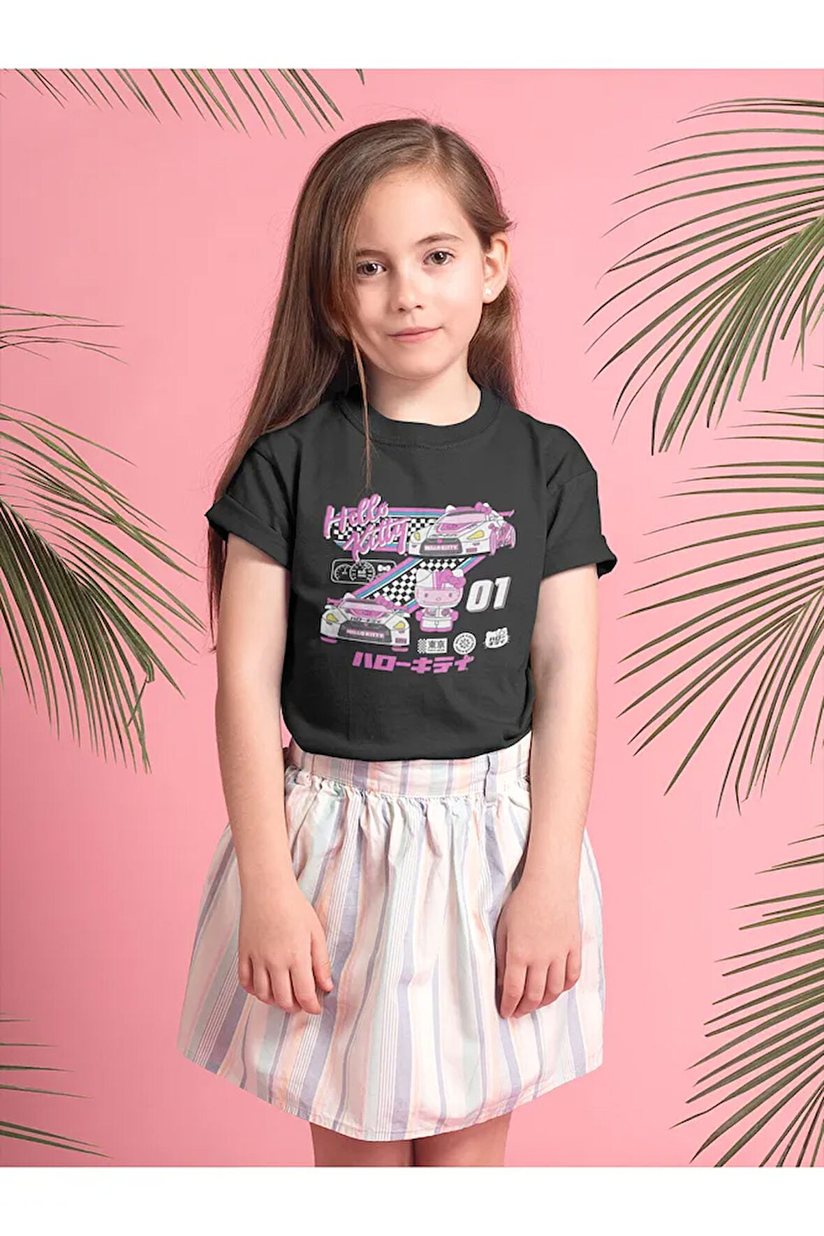 Hello Kitty Yarış Pilotu Baskılı Unisex Çizgi Film Çocuk Tişört (1-12 YAŞ)