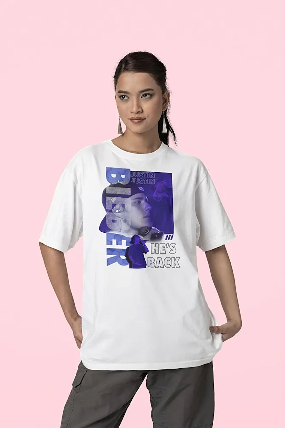 He Is Back Justin Bieber Baskılı Unisex Tişört, Oversize Şarkıcı Tişört