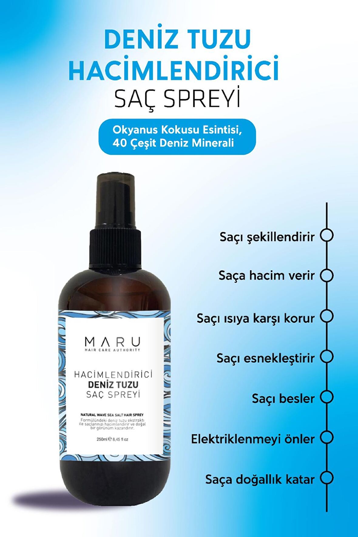 Maru Hacim Ve Dolgunluk Veren Deniz Tuzu Saç Spreyi 250 ml
