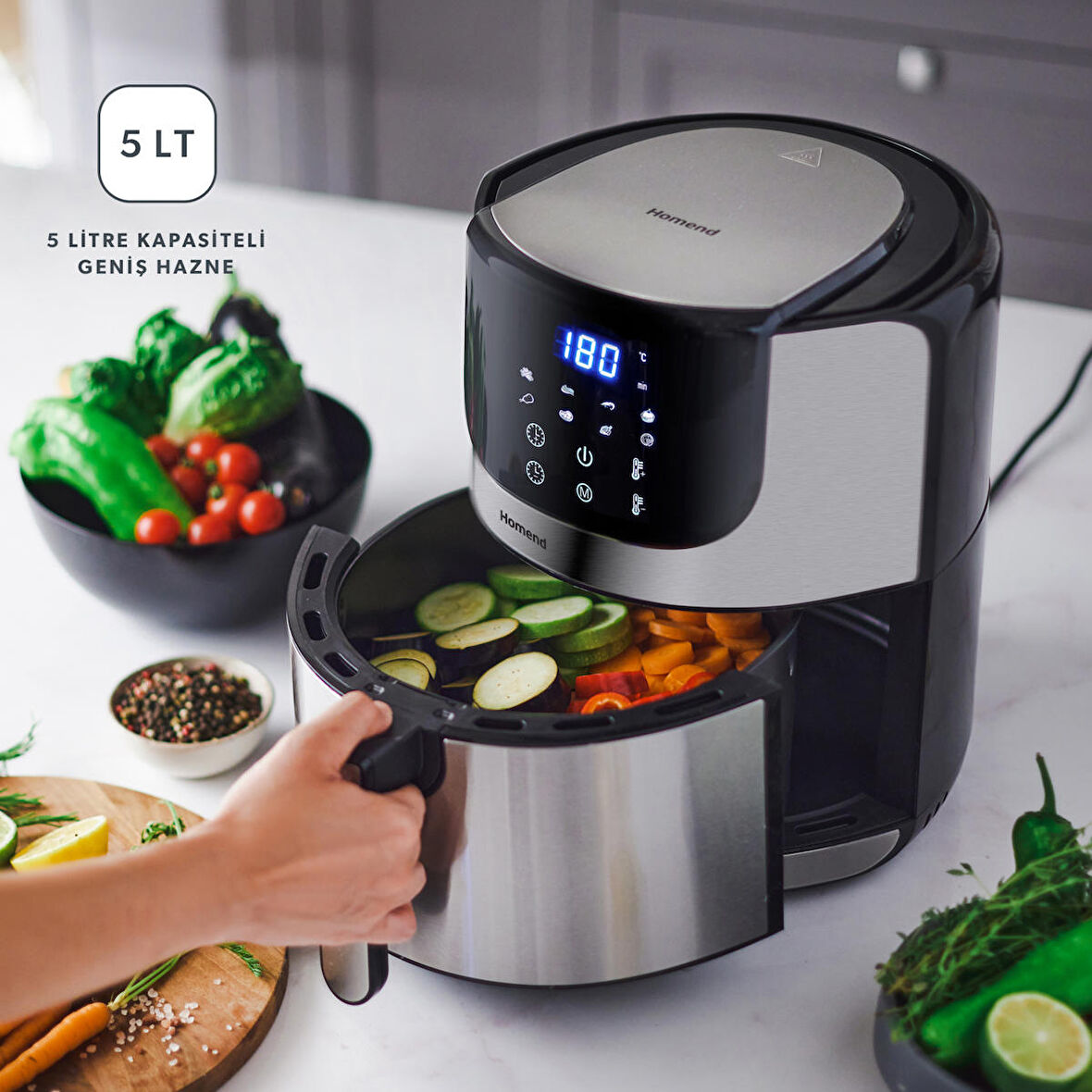 Homend Airfryday 2502H 8 Farklı Program, 5 Litre Dokunmatik Ekranlı Fritöz Inox