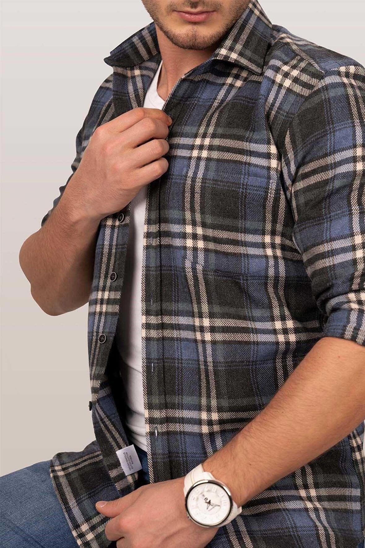 Erkek Lacivert Desenli Oduncu Slimfit Gömlek