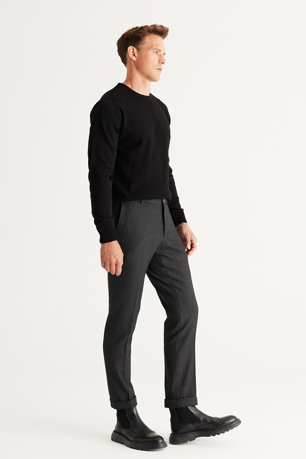 Erkek Antrasit Slim Fit Dar Kesim Beli Bağlamalı Desenli Esnek Pantolon
