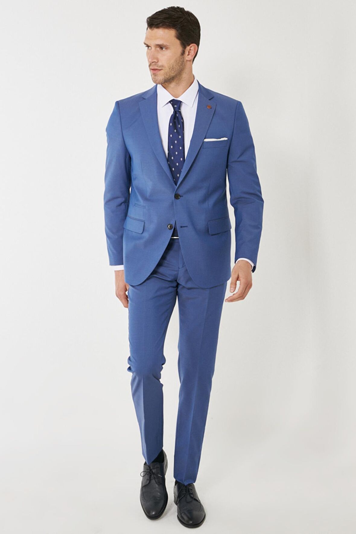 Erkek Mavi Slim Fit Dar Kesim Mono Yaka Desenli Mavi Klasik Takım Elbise