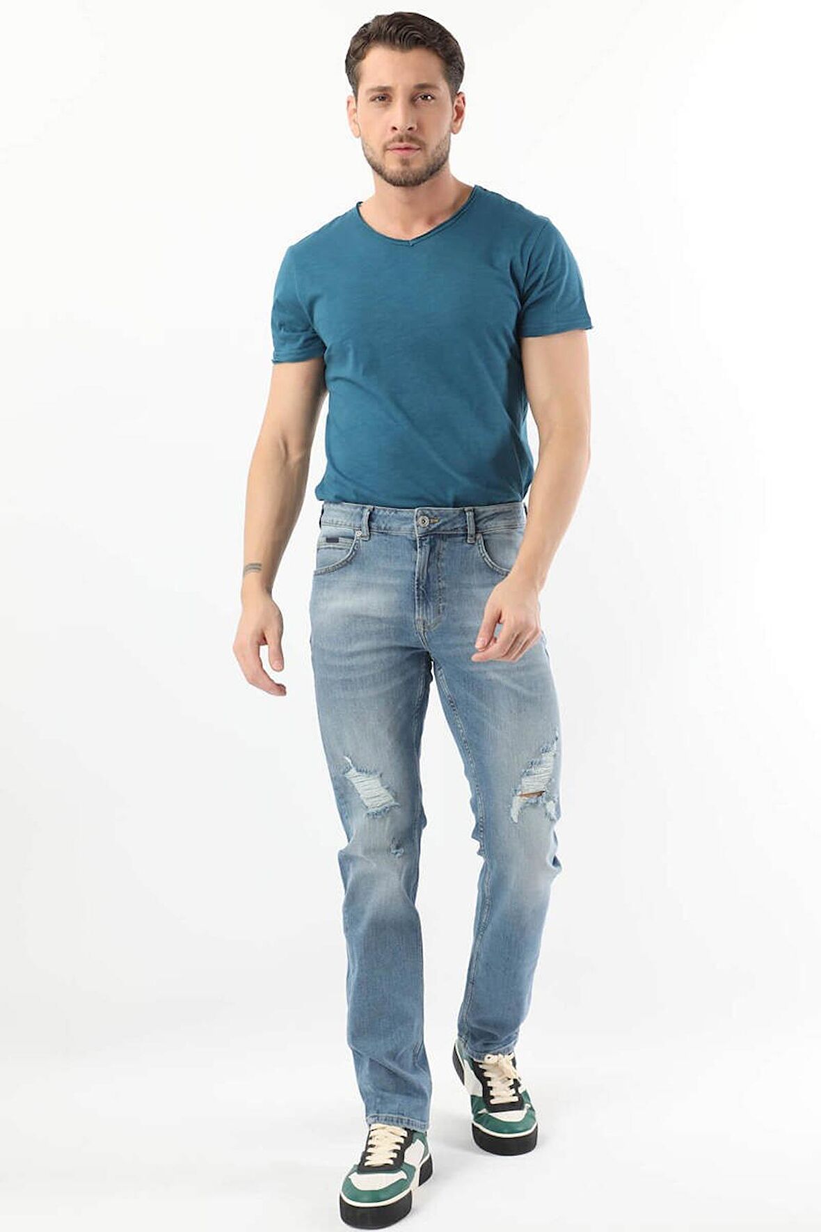 Erkek Dizi Yırtık Regular Fit Jean Pantolon Mavi