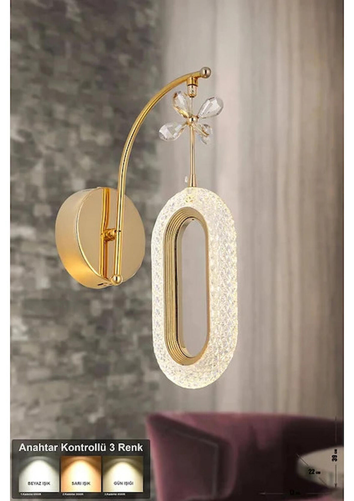 Litra Lighting Alfa Tekli Gold Kristal Taşlı Aplik 3 Renk Modu