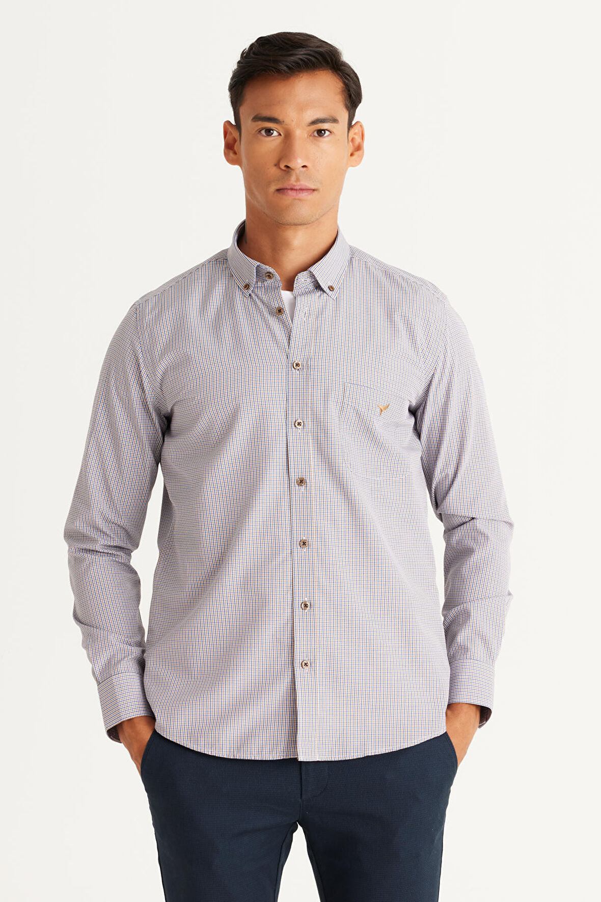 Erkek Lacivert-Hardal Slim Fit Dar Kesim Düğmeli Yaka Logolu Cepli Pamuklu Çizgili Gömlek