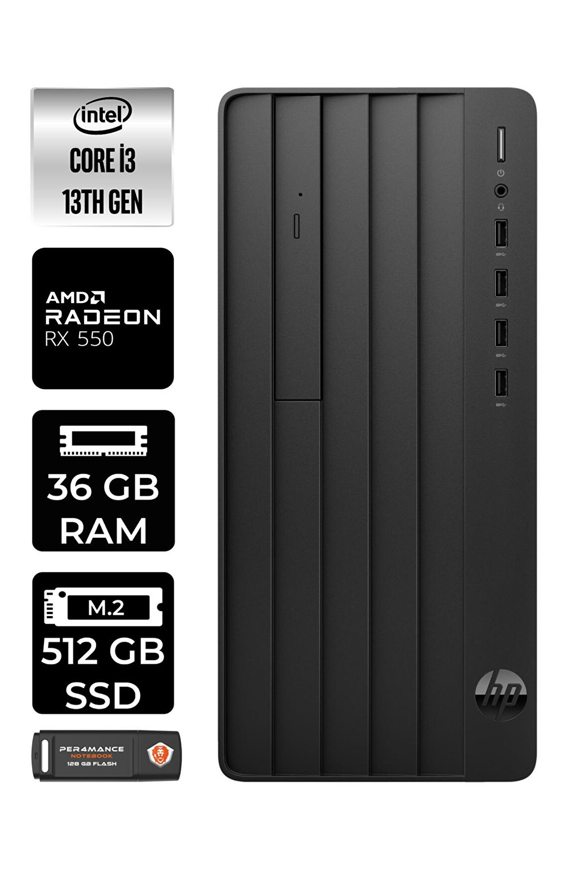 HP PRO TOWER 290 G9 i3 13100 36GB RAM 512GB SSD RX550/4GB FDOS 8T2X0ES MASAÜSTÜ PC & PER4 BELLEK