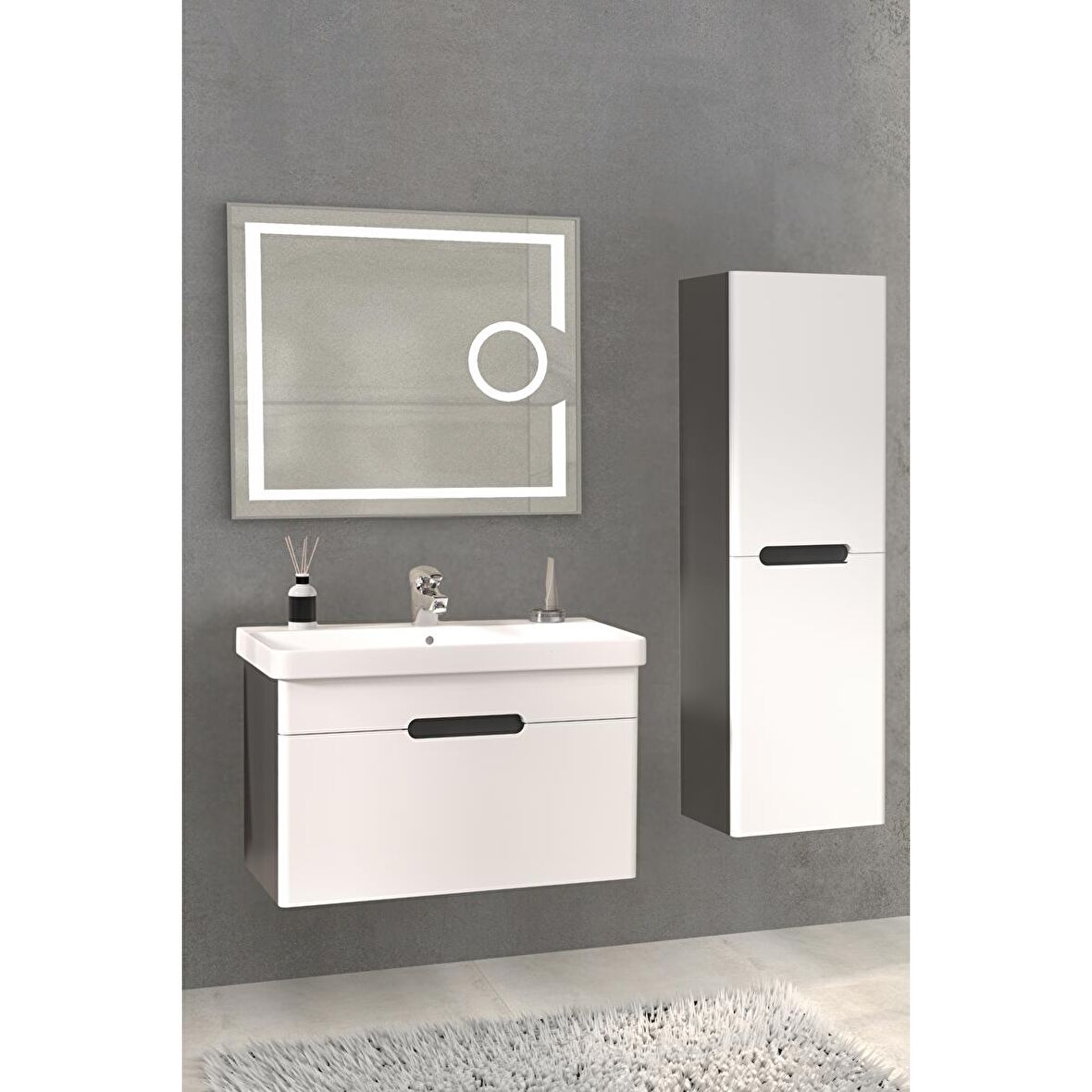 OLIMPIA 80 CM BANYO DOLABI  LED MERCEK AYNALI ANTRASİT / BEYAZ - BOY DOLAP DAHİL