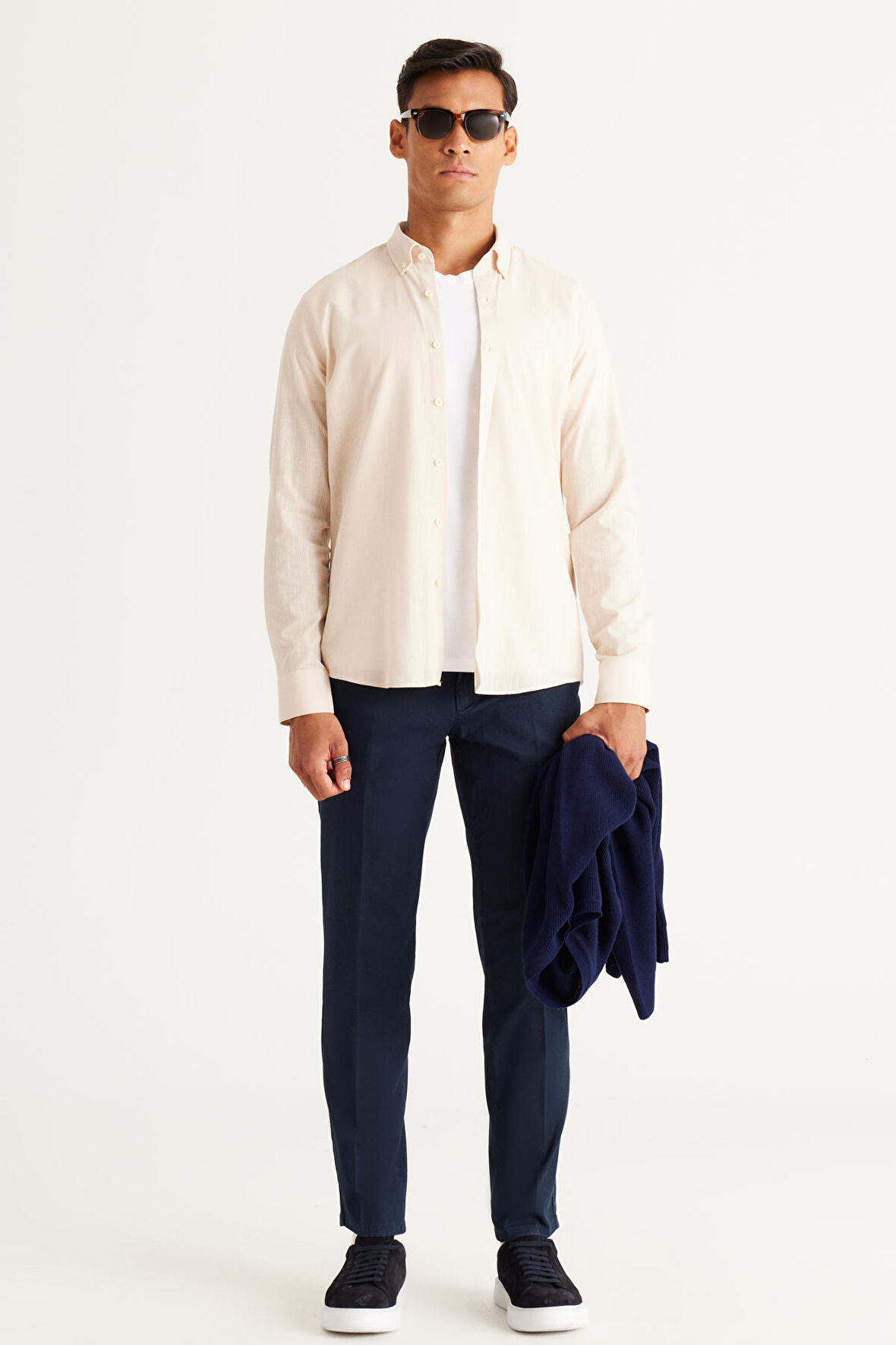 Erkek Lacivert Slim Fit Dar Kesim Yan Cepli Beli Lastikli Bağlamalı Pantolon
