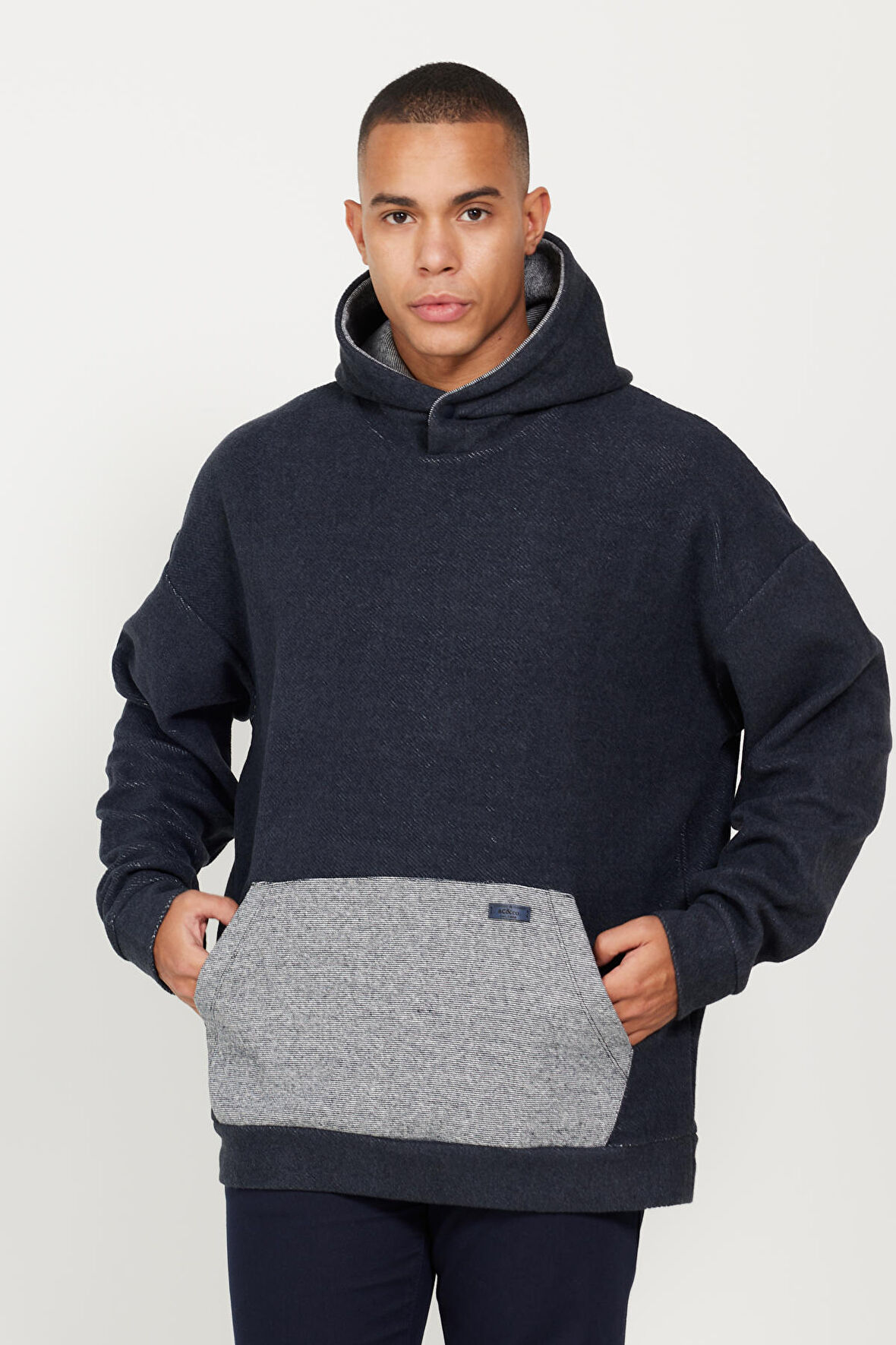 Erkek Indigo Melanj Oversize Bol Kesim Içi Polarlı 3 Iplik Kapüşonlu Sweatshirt
