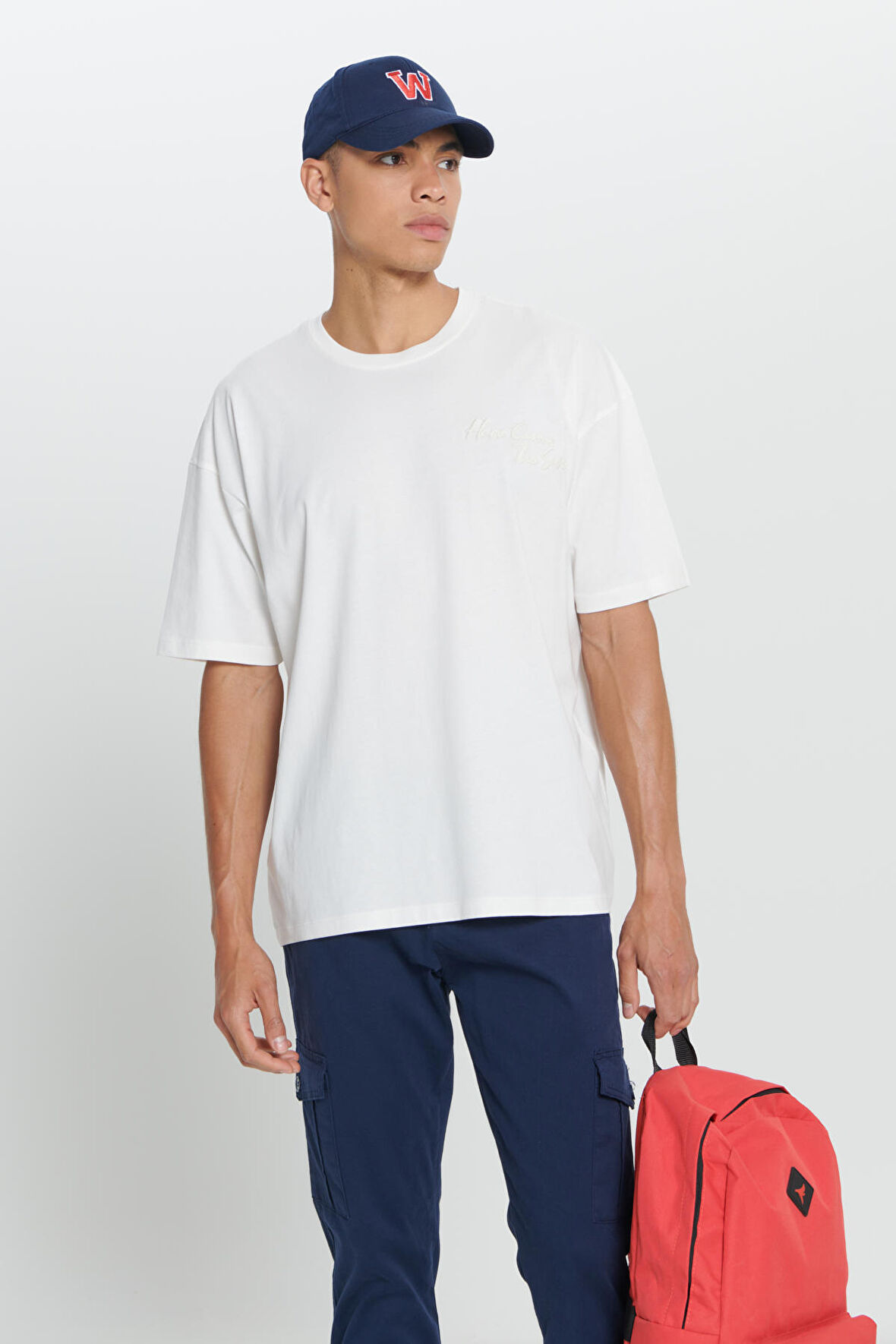 Oversize Fit Bol Kesim %100 Pamuk Baskılı Bisiklet Yaka Tişört