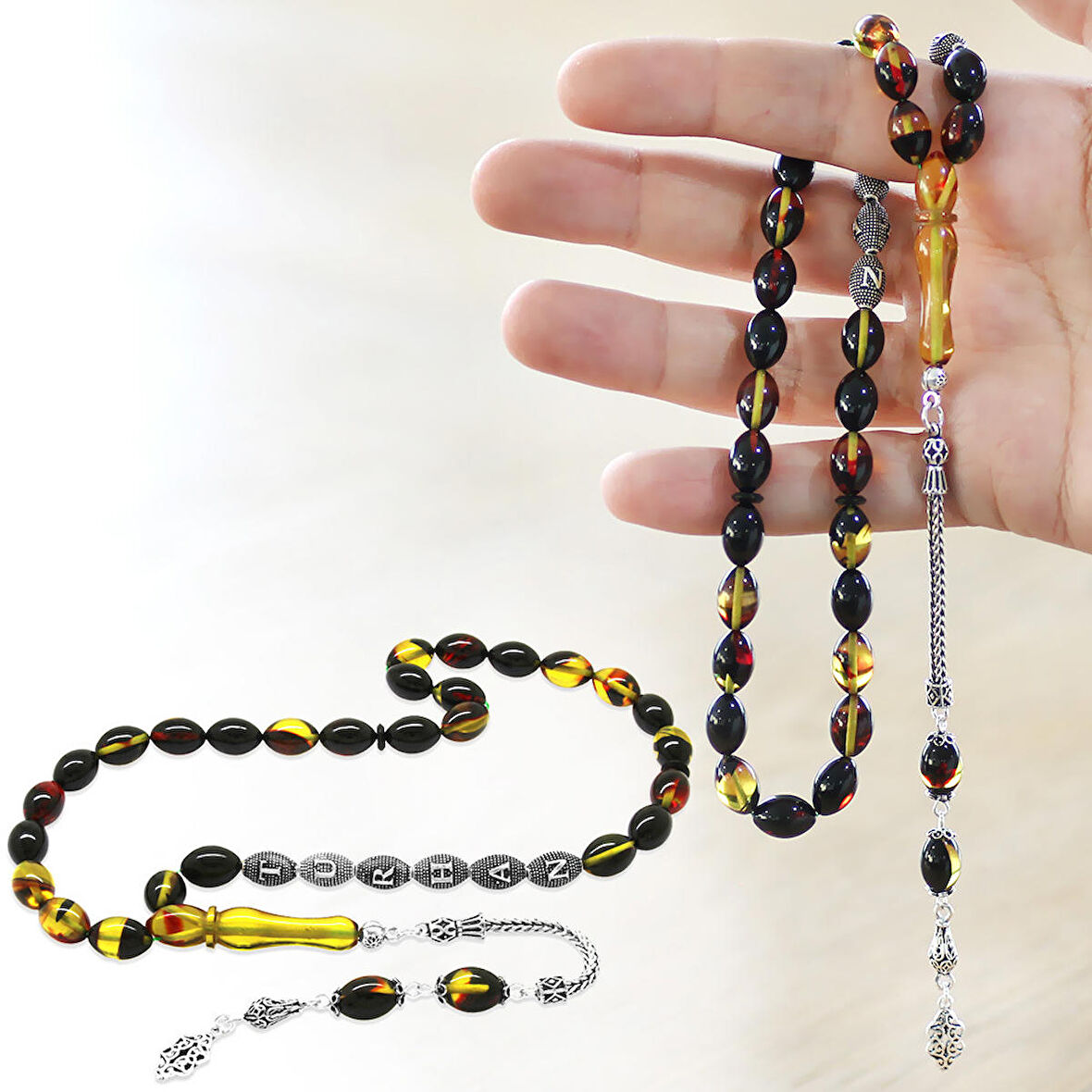 925 Ayar Gümüş Püsküllü Arpa Kesim Gümüş İsim Yazılı Bala-Siyah Ateş Kehribar Tesbih