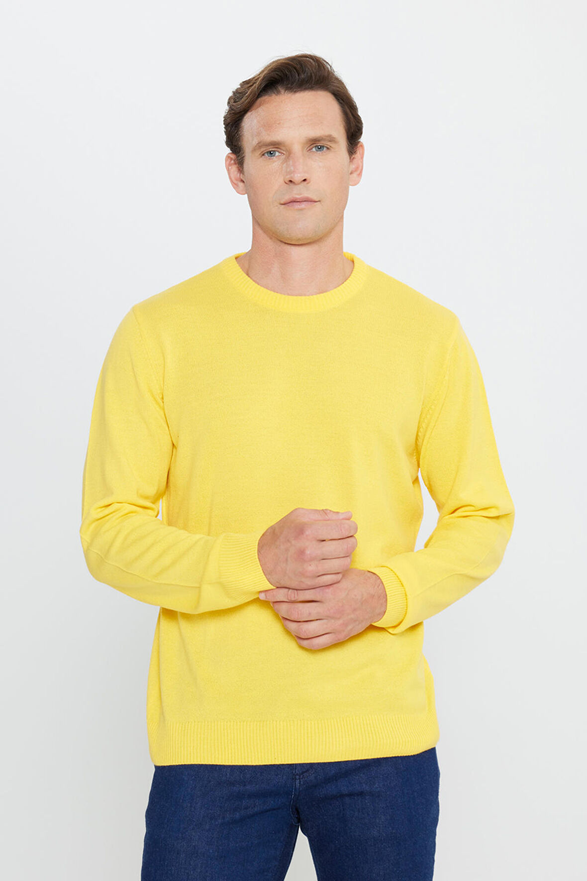 Erkek Sarı Standart Fit Normal Kesim Bisiklet Yaka Triko