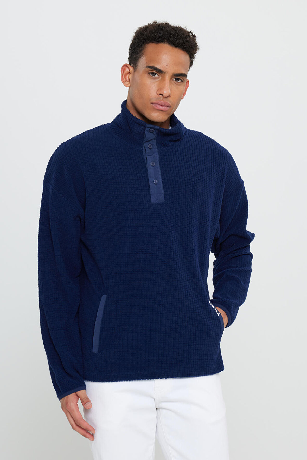 Erkek Lacivert Loose Fit Bato Yaka Desenli Polar