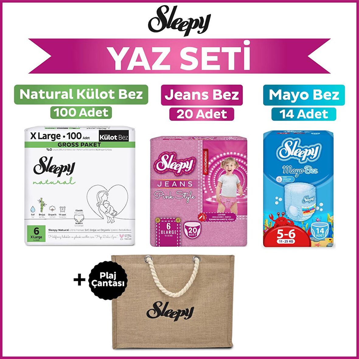 Sleepy 6 Numara Xlarge Natural Gross 100+Mayo Bez 14+Pink Jeans Külot Bez 20+Plaj Çantası