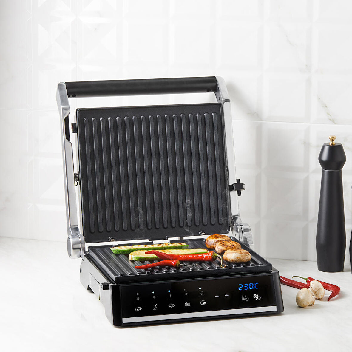 Homend Grilliant 1341H Inox Gövdeli, Döküm Plakalı, 5 Programlı, Led Ekranlı Tost ve Izgara Makinesi