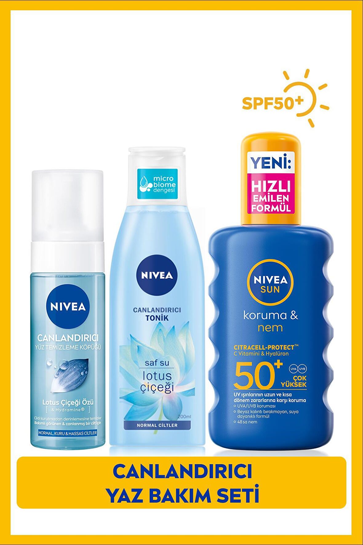 Nivea Sun Güneş Koruyucu Vücut Spreyi 200ml Spf50, Yüz Temizleme Köpüğü 150ml, Tonik 200ml, Çanta Hediye