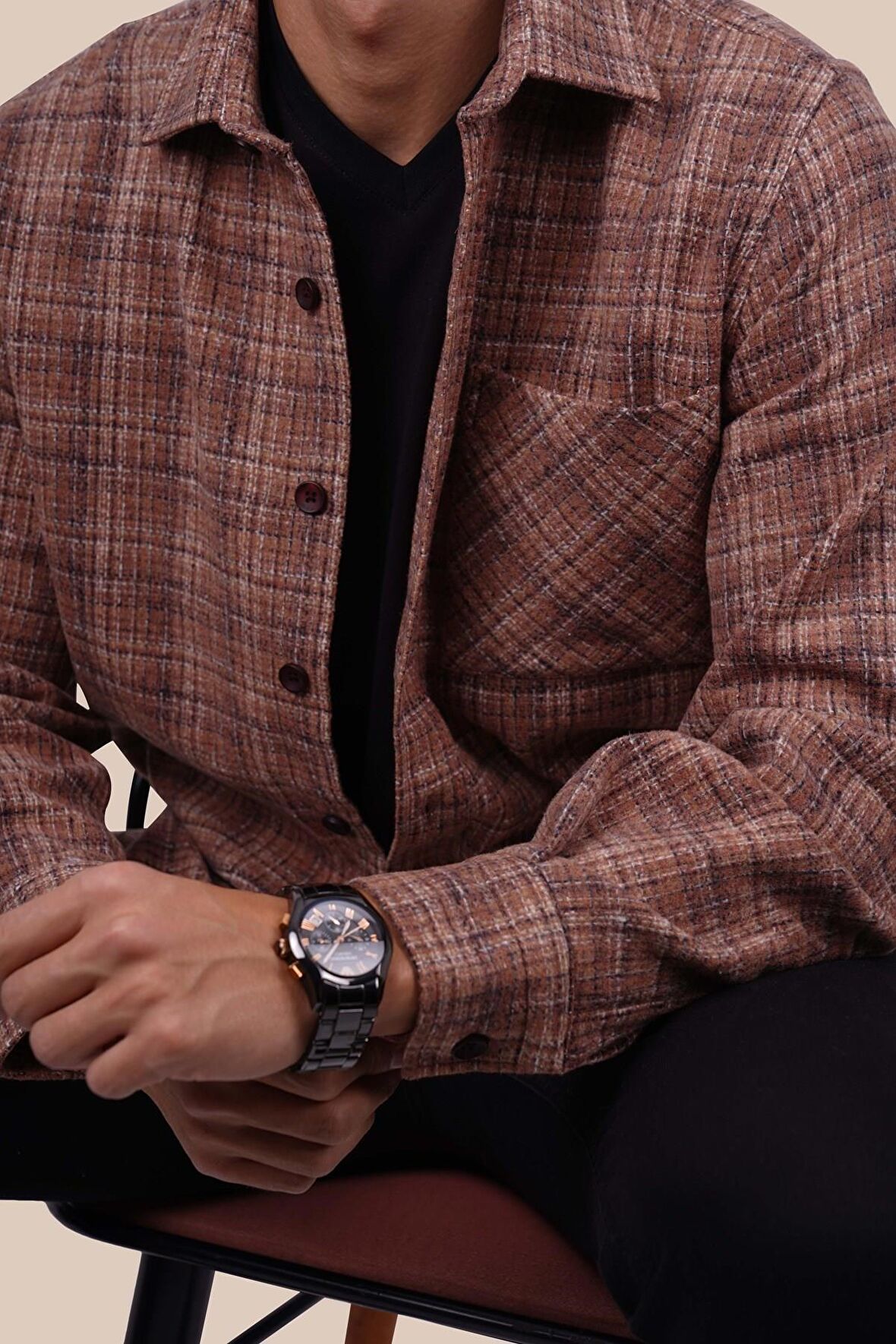 Kiremit Hasır Desenli Oversize Erkek Gömlek