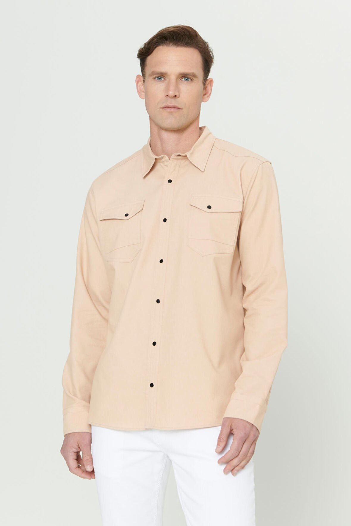 Erkek Bej Slim Fit Dar Kesim Klasik Yaka Pamuklu Gömlek