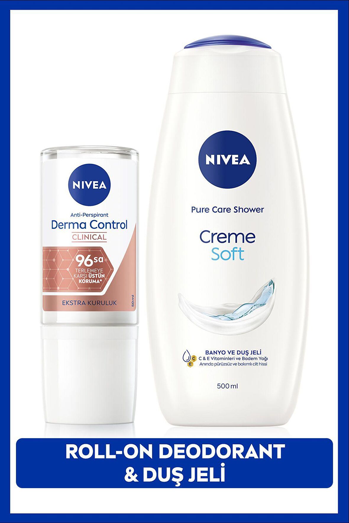 Nivea Creme Soft Duş Jeli 500ml Ve Kadın Rollon Deodorant Derma Control Clinical 50ml, 96saat Ter Koruması