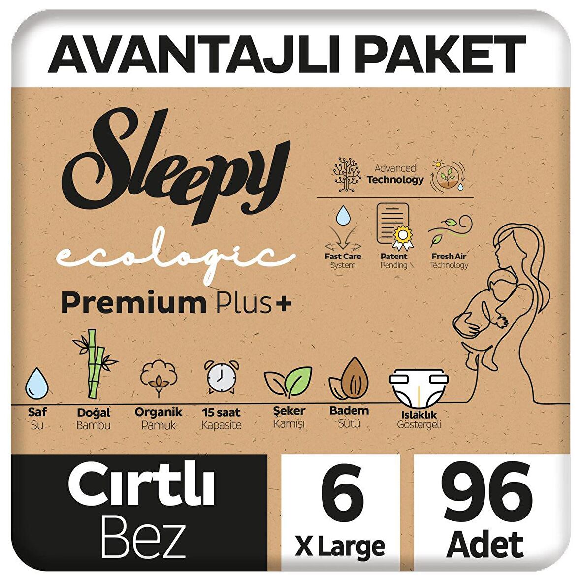 Sleepy Ecologic Premium Plus Avantajlı Paket Bebek Bezi 6 Numara Xlarge 96 Adet