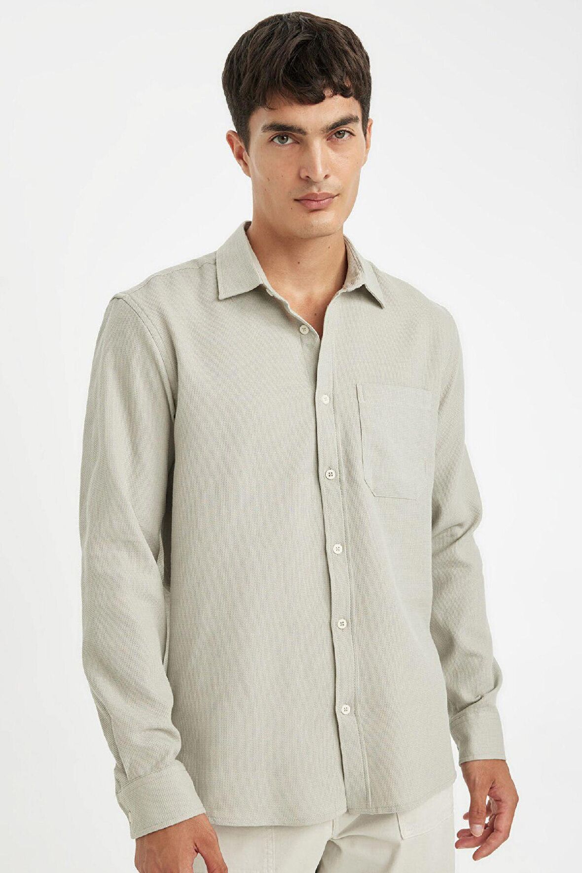 DeFacto %100 Pamuk Regular Fit Waffle Basic Düz Uzun Kollu Gömlek D1058AX24AUGR322