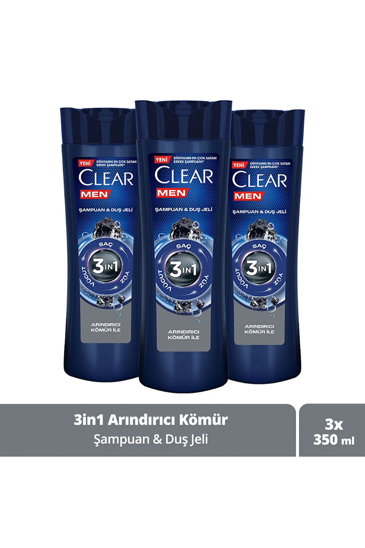 Clear Men 3 In 1 Şampuan & Duş Jeli Arındırıcı Kömür Saç Yüz Vücut Için 350 ml x 3 Adet